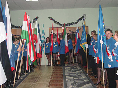 Students carrying flags.