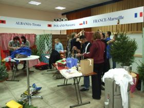 The stands are set up amid fun and laughter