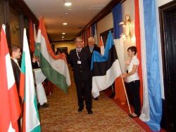 The row of flags in the corridor leading to the exhibition