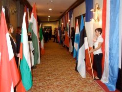 Flags on each side of the corridor leading to the exhibition room