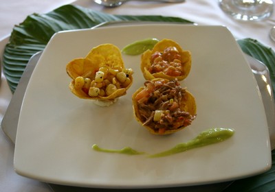 Plantain baskets (hogao, sweet corn, stuffed meet, coriander, roast paprika)