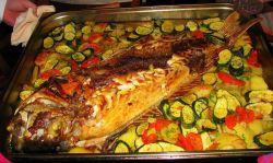 Roasted fresh fish served with roasted vegetables and potatoes